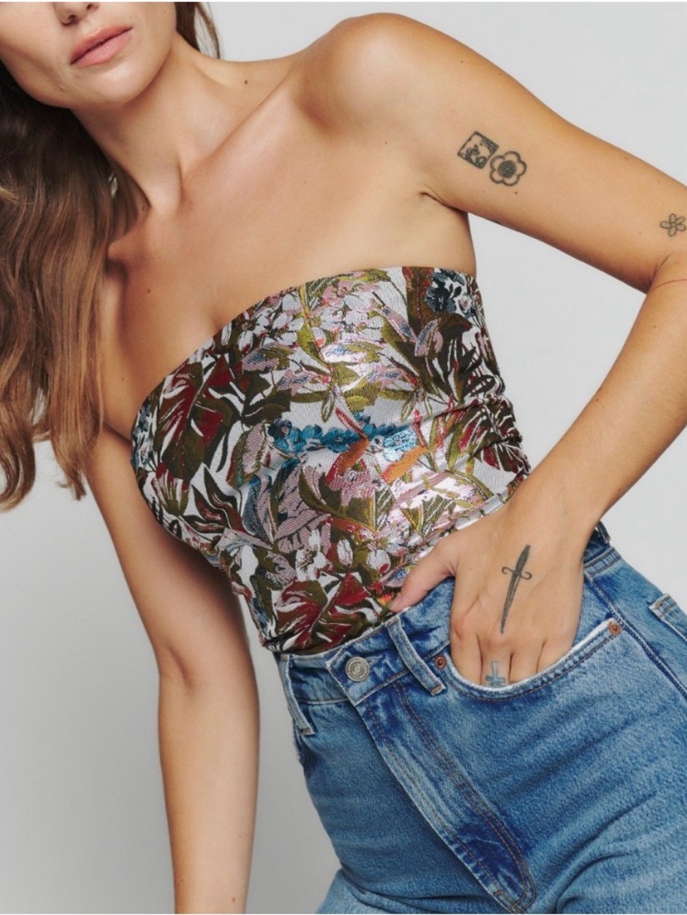 Reformation Metallic Floral Strapless Bustier Top - Silver Multicolor